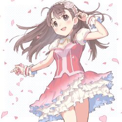 Rule 34 | 1girl, ahoge, arm up, bear hair ornament, blush, breasts, brown eyes, brown hair, cleavage, dress, falling petals, freckles, frilled hairband, frills, glasses, hair ornament, hairband, holding, holding petal, idolmaster, idolmaster cinderella girls, idolmaster cinderella girls starlight stage, layered dress, long hair, looking at another, medium breasts, nanonin, okuyama saori, open mouth, outstretched arm, petals, polka dot, polka dot background, red dress, scrunchie, short sleeves, simple background, smile, solo, standing, thighs, white background