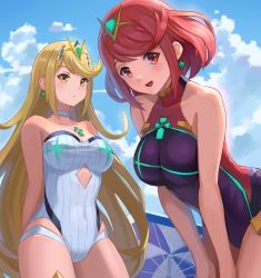 Rule 34 | 2girls, black one-piece swimsuit, blonde hair, breasts, chest jewel, competition swimsuit, covered collarbone, headpiece, highres, large breasts, long hair, multiple girls, mythra (radiant beach) (xenoblade), mythra (xenoblade), one-piece swimsuit, pyra (pro swimmer) (xenoblade), pyra (xenoblade), red one-piece swimsuit, ribbed swimsuit, saburou (jako), strapless, strapless one-piece swimsuit, striped clothes, striped one-piece swimsuit, swept bangs, swimsuit, tiara, two-tone swimsuit, vertical-striped clothes, vertical-striped one-piece swimsuit, very long hair, white one-piece swimsuit, xenoblade chronicles (series), xenoblade chronicles 2, yellow eyes