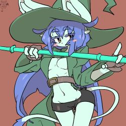Rule 34 | 1girl, cat, furry, furry female, hat, long hair, purple hair, short pants, solo, the amboina, witch hat