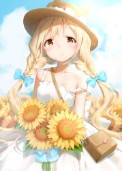 Rule 34 | 1girl, animal ears, animal hat, bag, bare shoulders, blonde hair, blue bow, blue sky, blurry, blurry background, blush, bouquet, bow, braid, breasts, brown eyes, brown hat, closed mouth, cloud, cloudy sky, collarbone, commentary request, day, depth of field, dress, field, flower, flower field, futaba anzu, hair bow, hat, highres, holding, holding bouquet, idolmaster, idolmaster cinderella girls, kinako (shiratama mochi), long hair, low twintails, outdoors, rabbit ears, rabbit hat, shoulder bag, sky, sleeveless, sleeveless dress, small breasts, smile, solo, strap slip, sun hat, sunflower, sunflower field, twin braids, twintails, very long hair, white dress, yellow flower