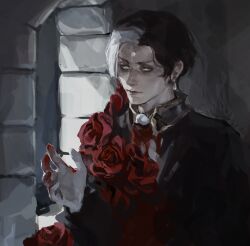 Rule 34 | 1boy, artist name, black coat, blood, blood on hands, brown hair, coat, dated, earrings, emet-selch, expressionless, final fantasy, final fantasy xiv, flower, garlean, gloves, guzaeolos, hand up, highres, jewelry, looking to the side, male focus, multicolored hair, realistic, red flower, red rose, rose, short hair, signature, solo, third eye, two-tone hair, upper body, white gloves, white hair, window, yellow eyes