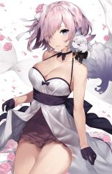 Rule 34 | 1girl, bare shoulders, blush, bow, breasts, cleavage, collarbone, dress, fate/grand order, fate (series), flower, formal, fou (fate), gloves, hair bow, hair flower, hair ornament, hair over one eye, half gloves, highres, large breasts, light purple hair, looking at viewer, mash kyrielight, mash kyrielight (fgo x takarazuka kinen), official alternate costume, open mouth, petals, purple eyes, purple gloves, purple skirt, sash, short hair, skirt, smile, sora 72-iro, suit, thighs, white bow, white dress