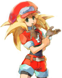 Rule 34 | 1girl, belt, blonde hair, breasts, brown gloves, buttons, cabbie hat, commentary request, dinef, gloves, green eyes, hat, jacket, long hair, looking at viewer, mega man (series), mega man legends (series), open mouth, red jacket, roll caskett (mega man), short sleeves, shorts, smile, solo