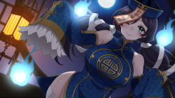 Rule 34 | 1girl, architecture, blue fire, blue headwear, breasts, chinese clothes, closed mouth, commentary request, detached sleeves, east asian architecture, facing viewer, fire, green eyes, highres, jiangshi, large breasts, light blush, long sleeves, love live!, love live! school idol project, low twintails, moon, night, night sky, one eye closed, pukonuu, purple hair, sky, sleeves past wrists, smile, solo, tojo nozomi, twintails