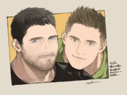 Rule 34 | 2boys, bara, beard, black hair, black shirt, blue eyes, brown hair, chris redfield, closed mouth, facial hair, green eyes, green shirt, head on another&#039;s shoulder, highres, looking at viewer, male focus, mature male, moto23059, multiple boys, mustache, neckbeard, piers nivans, resident evil, resident evil 6, shirt, short hair, smile, spiked hair, thick eyelashes, translation request, undercut