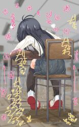 Rule 34 | 1girl, asashio (kancolle), black hair, black socks, chair, classroom, commentary request, desk, from behind, full body, grey skirt, highres, indoors, kantai collection, kneehighs, long hair, miniskirt, narumiya (narumiya), paid reward available, pee, peeing, peeing self, pleated skirt, puddle, school chair, school desk, shirt, sitting, skirt, socks, solo, sound effects, variant set, white shirt
