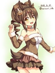 Rule 34 | 10s, 1girl, 2016, antlers, arm warmers, bare shoulders, brown hair, brown shirt, brown skirt, choker, cowboy shot, curly hair, dated, deer tail, flower knight girl, hair ornament, hairband, hairclip, holly (flower knight girl), horns, layered skirt, looking at viewer, norinori 12th, ponytail, shirt, short hair, signature, skirt, smile, solo, tail, twitter username, yellow eyes