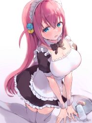 Rule 34 | 1girl, alternate costume, apron, aqua eyes, black bow, black bowtie, black dress, blush, bocchi the rock!, bow, bowtie, breasts, character print, cleavage, collar, collarbone, cube hair ornament, cup, detached collar, dress, drinking glass, enmaided, frilled apron, frilled dress, frills, furrowed brow, gotoh hitori, gotoh hitori (tsuchinoko), hair between eyes, hair ornament, highres, ice, kneeling, large breasts, long bangs, long hair, maid, maid headdress, nekoponchiar, one side up, open mouth, pink hair, short sleeves, simple background, solo, spill, tears, thighhighs, tray, wavy mouth, wet, white apron, white background, white collar, white headdress, white thighhighs, white wrist cuffs, wrist cuffs