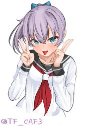 Rule 34 | 1girl, absurdres, alternate costume, black sailor collar, blue eyes, bow, double v, hair bow, hair ornament, highres, kantai collection, long sleeves, neckerchief, one-hour drawing challenge, ponytail, purple hair, red neckerchief, sailor collar, school uniform, serafuku, shiranui (kancolle), short hair, simple background, solo, tf cafe, twitter username, upper body, v, white background