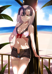Rule 34 | 1girl, bare shoulders, beach, bikini, bikini top only, blonde hair, blush, breasts, cleavage, collarbone, denim, denim shorts, fate/grand order, fate (series), green eyes, grin, jeanne d&#039;arc (fate), jeanne d&#039;arc alter (avenger) (fate), jeanne d&#039;arc alter (fate), looking at viewer, navel, ocean, open clothes, open fly, open shorts, outdoors, railing, ruler (fate/grand order), shorts, smile, solo, standing, swimsuit, unbuttoned, yuge (yuge bakuhatsu)