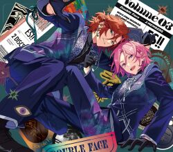 Rule 34 | 2boys, black gloves, braid, brown hair, commentary request, double face (ensemble stars!), earrings, ensemble stars!, gloves, green eyes, happy elements, highres, jewelry, long sleeves, looking at viewer, male focus, mikejima madara, multiple boys, official art, open mouth, oukawa kohaku, pink eyes, purple eyes, short hair, smile, teeth, upper teeth only