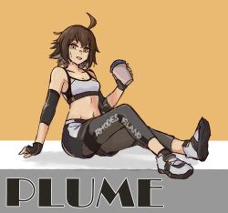 Rule 34 | 1girl, ahoge, arknights, astrograph21, bare shoulders, black gloves, black shorts, brown hair, character name, clothes writing, coffee cup, commentary, cup, disposable cup, fingerless gloves, gloves, grey pants, holding, holding cup, leggings, official alternate costume, official art, pants, plume (arknights), plume (easy time) (arknights), shoes, short hair, shorts, simple background, sitting, solo, sports bra, yellow background, yellow eyes