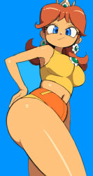 Rule 34 | 1girl, ass, blue eyes, breasts, brown hair, crop top, crown, earrings, hand on own hip, jewelry, large breasts, legs, looking down, mario (series), mario golf, mario tennis, crop top, nintendo, princess daisy, shiny skin, shorts, smirk, smug, thick thighs, thighs, tomboy, yuta agc