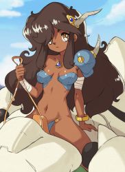 Rule 34 | 1girl, armor, big hair, bikini armor, blue sky, blurry, blurry background, bracelet, breasts, brown eyes, brown hair, closed mouth, cloud, commentary, dark-skinned female, dark skin, day, english commentary, gem, highres, holding, horns, jewelry, long hair, looking at viewer, medium breasts, monster, navel, original, outdoors, pauldrons, reins, retro artstyle, riding, shoulder armor, simple background, sitting, sky, solo, vins-mousseux