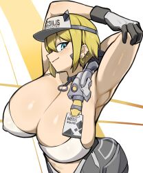Rule 34 | 1girl, absurdres, alternate breast size, armpits, arms behind head, bandaid, bandaid on cheek, bandaid on face, blonde hair, blue eyes, blush, breasts, choker, cleavage, closed mouth, collarbone, ear piercing, goddess of victory: nikke, goma., highres, huge breasts, id card, looking at viewer, maxwell (nikke), piercing, short hair, smile, solo, sports bra, two-tone gloves