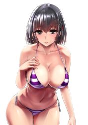 Rule 34 | 10s, 1girl, bikini, black eyes, black hair, blush, breasts, cleavage, collarbone, haguro (kancolle), hair ornament, ishimiso (ishimura), kantai collection, large breasts, looking at viewer, navel, parted lips, short hair, side-tie bikini bottom, simple background, solo, striped bikini, striped clothes, swimsuit, white background