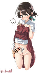 Rule 34 | ..., 1boy, 1girl, bar censor, blush, brown eyes, brown hair, censored, choker, closed mouth, clothes lift, commentary request, cowboy shot, cropped legs, ebifurya, erection, female pubic hair, folded ponytail, gluteal fold, groin, hakama, hakama short skirt, hakama skirt, heart, hetero, highres, japanese clothes, kantai collection, kasuga maru (kancolle), lifted by self, looking down, navel, navel sex, no panties, penis, pubic hair, pussy, short sleeves, simple background, skirt, skirt lift, solo focus, spoken ellipsis, sweat, taiyou (kancolle), twitter username, veins, veiny penis, white background