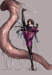 Rule 34 | 1girl, animal, black hair, black thighhighs, bodysuit, boots, breasts, cameltoe, covered erect nipples, fighting, full body, high kick, highres, impossible clothes, kamori sayaka, kicking, latex, leg lift, leg up, long hair, open mouth, original, oversized animal, purple bodysuit, purple eyes, rindou (radical dream), shiny clothes, skin tight, slime (substance), solo, split, standing, standing on one leg, standing split, thigh boots, thighhighs, thighs, worm