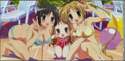 Rule 34 | 00s, 2005, 3girls, age difference, all fours, arm up, armpits, ass, ball, bandeau, barefoot, beachball, bikini, black eyes, black hair, blonde hair, blue bikini, blush, bow, breasts, brown eyes, brown hair, butt crack, casual one-piece swimsuit, chair, checkered floor, child, cleavage, collarbone, crease, dimples of venus, everyone, feet, flat chest, floor, grey eyes, hair bobbles, hair ornament, highres, hug, kneeling, knees together feet apart, kore ga watashi no goshujin-sama, large breasts, leaning, leaning forward, lineup, long hair, long image, looking at viewer, lounge chair, megami magazine, mishima rika, multiple girls, non-web source, official art, on ground, one-piece swimsuit, orange hair, outdoors, outstretched arms, parted bangs, red one-piece swimsuit, sawatari izumi, sawatari karin, sawatari mitsuki, scan, shadow, short hair, short twintails, sidelocks, sitting, smile, spread arms, swimsuit, thigh gap, tiptoes, transparent, twintails, v, vanishing point, very long hair, wide image, yellow bikini