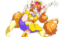 Rule 34 | 1girl, :d, amanogawa kirara, arm up, armpits, bare shoulders, blunt bangs, blush, cure twinkle, dress, earrings, gloves, go! princess precure, highres, jewelry, leg up, long hair, looking at viewer, numahana, open mouth, orange hair, precure, purple eyes, simple background, smile, solo, split, standing, standing on one leg, thighhighs, twintails, very long hair, white background, white gloves, white thighhighs
