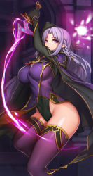 Rule 34 | 1girl, blue eyes, braid, breasts, cape, covered erect nipples, covered navel, dagger, evan yang, fate/stay night, fate (series), highres, hood, hood down, knife, large breasts, long hair, medea (fate), pointy ears, purple hair, rulebreaker, single braid, solo, thighhighs, weapon