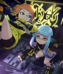 Rule 34 | 2girls, agent 3 (splatoon), agent 4 (splatoon), annotated, aqua eyes, aqua hair, bike shorts, black cape, black footwear, black shirt, black shorts, blunt bangs, cape, closed mouth, commentary, english text, gun, headgear, hero dualies (splatoon), hero shot (splatoon), holding, holding gun, holding weapon, inkling, inkling girl, inkling player character, jacket, jumping, light frown, light particles, long hair, long sleeves, looking at another, multiple girls, neon lights, nintendo, orange eyes, orange hair, shirt, shoes, short hair, shorts, smile, sneakers, splatoon (series), splatoon 1, splatoon 2, splatoon 2: octo expansion, squidbeak splatoon, standing, takeko spla, text background, torn cape, torn clothes, upside-down, vest, weapon, yellow jacket, yellow vest