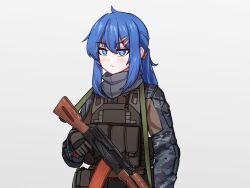 Rule 34 | 1girl, ak-47, assault rifle, blue eyes, blue hair, blush, brown gloves, camouflage, camouflage jacket, closed mouth, commentary request, gloves, grey background, grey jacket, gun, hair between eyes, hair ornament, hairclip, holding, holding gun, holding weapon, jacket, jonasmk, kalashnikov rifle, korean commentary, long hair, long sleeves, looking at viewer, original, ponytail, rifle, sidelocks, simple background, solo, weapon