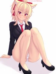 Rule 34 | 1girl, :q, animal ears, arms behind back, ass, bare legs, black jacket, blazer, blonde hair, blush, breasts, cat ears, collared shirt, commentary, dark-skinned female, dark skin, english commentary, full body, hair between eyes, high heels, highres, jacket, knees together feet apart, large breasts, legs, long hair, looking at viewer, naughty face, necktie, no pants, nottytiffy, original, panties, ponytail, presenting, red eyes, red necktie, shirt, smile, solo, teasing, thighs, tiffy (nottytiffy), tongue, tongue out, underwear, white panties, white shirt