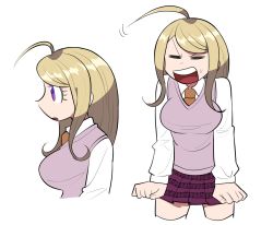 Rule 34 | 1girl, :d, ahoge, akamatsu kaede, arms at sides, bad id, bad twitter id, blonde hair, breasts, closed eyes, collared shirt, cowboy shot, danganronpa (series), danganronpa v3: killing harmony, facing viewer, fortissimo, from side, furukawa (yomawari), hair ornament, highres, large breasts, long hair, long sleeves, miniskirt, multiple views, musical note, musical note hair ornament, necktie, open mouth, pleated skirt, profile, purple skirt, shirt, simple background, skirt, smile, sweater vest, teeth, thighhighs, white background, white shirt
