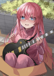Rule 34 | 1girl, black skirt, blue eyes, blush, bocchi the rock!, box, cardboard box, commentary, cube hair ornament, day, electric guitar, gotoh hitori, guitar, hair between eyes, hair ornament, highres, holding, holding instrument, in box, in container, instrument, jacket, long hair, looking at viewer, nervous smile, nose blush, one side up, open mouth, outdoors, pants, pants under skirt, pink hair, pink jacket, pink pants, pleated skirt, skirt, smile, solo, sweat, ten-chan (eternal s), track jacket, track pants, track suit, very long hair