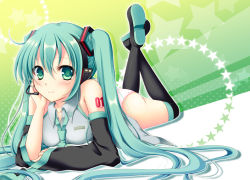 Rule 34 | 1girl, boots, detached sleeves, green eyes, green hair, hatsune miku, headset, long hair, lying, matching hair/eyes, mizukoshi mayu, necktie, no pants, on stomach, panties, smile, solo, star (symbol), thigh boots, thighhighs, twintails, underwear, vocaloid