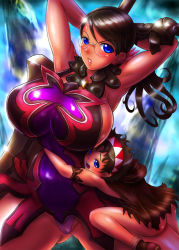 Rule 34 | 1boy, 1girl, age difference, black hair, blue eyes, boken fantasy, breasts, cattleya (queen&#039;s blade), cattleya (queen's blade), glasses, highres, huge breasts, huge weapon, mature female, mother and son, plump, ponytail, queen&#039;s blade, rana (queen&#039;s blade), weapon, weapon merchant cattleya