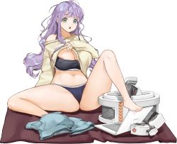 Rule 34 | 1girl, areola slip, barefoot, english text, feet, full body, game cg, green eyes, gremlin (last origin), highres, last origin, long hair, looking at viewer, messy hair, navel, official art, open mouth, purple hair, rorobomb, shorts, unworn shorts, sitting, solo, sports bikini, sweater, tachi-e, transparent background