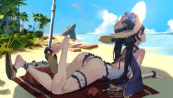 Rule 34 | 1girl, anklet, ass, barefoot, beach, bikini, black hair, breasts, choker, feet, frilled bikini, frills, genshin impact, green eyes, hat, jewelry, legs, long hair, lying, medium breasts, mona (genshin impact), ocean, on stomach, one-piece swimsuit, shade, slippers, soles, solo, swimsuit, sydus, thigh strap, thighs, tree, twintails