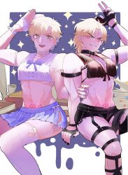 Rule 34 | 2boys, :d, abs, arm up, battle tendency, black gloves, black nails, black shorts, blonde hair, caesar anthonio zeppeli, choker, collar, crossdressing, dio brando, evil smile, facial mark, fingerless gloves, gloves, green eyes, hat, heart, heart-shaped pupils, highres, jojo no kimyou na bouken, looking at viewer, male focus, midriff, multiple boys, muscular, muscular male, navel, open mouth, pectorals, phantom blood, pubic tattoo, red eyes, short hair, shorts, sitting, skirt, smile, symbol-shaped pupils, tattoo, thick thighs, thighhighs, thighs, white gloves, white thighhighs, xiaoming (724536206)