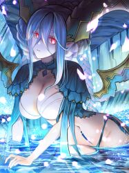 Rule 34 | 1girl, blue hair, braid, breasts, cleavage, fate/grand order, fate (series), highres, horns, large breasts, long hair, navel, partially submerged, pink eyes, pointy ears, stomach tattoo, sumisumisu81, symbol-shaped pupils, tattoo, tiamat (fate), water