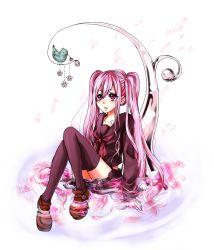 Rule 34 | 1girl, arm support, bad id, bad pixiv id, bird, cherry blossoms, conomi-c5, hatsune miku, highres, loafers, long hair, petals, pink eyes, pink hair, sakura miku, school uniform, serafuku, shoes, sitting, solo, tears, thighhighs, twintails, very long hair, vocaloid, water