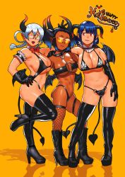 Rule 34 | 3girls, arung samudra (cessa), ass, bare shoulders, bikini, black bikini, black footwear, black gloves, black hair, black wings, blue hair, boots, bow, bowtie, braid, breasts, cessa, choker, cleavage, contrapposto, demon costume, elbow gloves, fangs, fishnet legwear, fishnets, flat ass, full body, gloves, gradient hair, gradient horns, happy halloween, heart, high heels, highres, horns, inchou (kaitsu tokiyas), large breasts, long hair, low wings, multicolored hair, multicolored horns, multiple girls, navel, o-ring, o-ring top, ombok diving and delivery services, one-piece swimsuit, one eye closed, open mouth, orange background, orange eyes, original, pointy ears, red bow, red eyes, red neckwear, rina atherina, shadow, short hair, simple background, smile, standing, swimsuit, thigh boots, thighhighs, twintails, white hair, wings