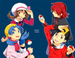 Rule 34 | 00s, 1990s (style), 2boys, 2girls, alternate costume, backwards hat, bad deviantart id, bad id, bike shorts, black hair, blue eyes, blue hair, brown eyes, brown hair, cabbie hat, cezaria, creatures (company), english text, ethan (pokemon), game freak, grey eyes, hat, hat tip, holding, holding poke ball, hood, hoodie, jacket, kris (pokemon), looking up, lyra (pokemon), multiple boys, multiple girls, nintendo, open mouth, overalls, poke ball, poke ball (basic), pokemon, pokemon gsc, pokemon hgss, red eyes, red hair, retro artstyle, romaji text, silver (pokemon), simple background, smile, thighhighs, turtleneck, twintails, white thighhighs