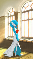 Rule 34 | 1girl, alternate color, blue hair, blue skin, blush, bob cut, colored skin, creatures (company), day, female focus, flat chest, full body, game freak, gardevoir, gen 3 pokemon, hair over one eye, highres, indoors, light rays, looking at viewer, multicolored skin, nintendo, numeito, one eye covered, open mouth, orange eyes, own hands together, pokemon, pokemon (creature), shiny pokemon, short hair, solo, standing, sunlight, two-tone skin, v arms, white skin, window, wooden floor