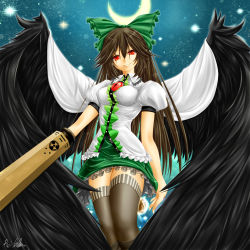 Rule 34 | 1girl, arm cannon, bad id, bad pixiv id, black thighhighs, black wings, bow, brown hair, cape, crescent moon, female focus, frilled skirt, frills, green skirt, hair bow, highres, impossible clothes, impossible shirt, libus, long hair, miniskirt, moon, red eyes, reiuji utsuho, shirt, skirt, smile, solo, thighhighs, touhou, very long hair, weapon, wings