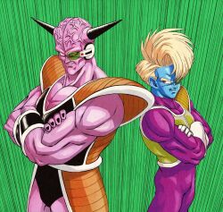 2boys blonde_hair blue_skin bodysuit captain_ginyu colored_skin cowboy_shot crossed_arms dragon_ball dragonball_z highres horns multiple_boys nagare_seiya purple_bodysuit purple_eyes purple_skin red_eyes saiyan_armor salza scouter