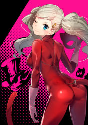 Rule 34 | 10s, 1girl, ass, blonde hair, blue eyes, bodysuit, cat tail, commentary request, from behind, gloves, hair ornament, highres, long hair, looking at viewer, looking back, mask, unworn mask, one eye closed, persona, persona 5, red bodysuit, smile, solo, tail, takamaki anne, twintails, white gloves, yamacchi