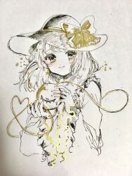 Rule 34 | 1girl, black hat, bow, closed mouth, collared dress, commentary, dress, eyelashes, frilled bow, frilled shirt collar, frilled sleeves, frills, gold bow, greyscale, hat, hat bow, heart, heart of string, highres, holding eyeball, komeiji koishi, light blush, long sleeves, looking at viewer, medium hair, monochrome, photo (medium), sleeves past wrists, smile, solo, spot color, suzune hapinesu, symbol-only commentary, third eye, touhou, traditional media, upper body, wide sleeves