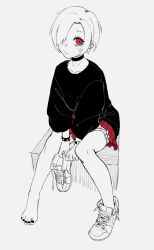 Rule 34 | 1girl, absurdres, barefoot, black shirt, blush, choker, closed mouth, collarbone, commentary, eyelashes, feet, full body, hair over one eye, highres, idolmaster, idolmaster cinderella girls, k-rha&#039;s, legs, looking at viewer, miniskirt, monochrome, nail polish, no socks, pleated skirt, red eyes, red skirt, shirasaka koume, shirt, shoes, short hair, simple background, single shoe, sitting, skirt, sneakers, solo, studded bracelet, toenail polish, toenails, toes, watch, wristwatch