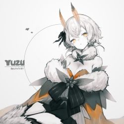 Rule 34 | 1girl, antennae, arthropod girl, bow, breasts, cleavage, commentary, commission, dress, english commentary, fur scarf, fur trim, hair bow, highres, indie virtual youtuber, insect girl, looking at viewer, maderobo145, medium breasts, monochrome, moth girl, off-shoulder dress, off shoulder, orange eyes, sanagi yuzu, second-party source, short hair, skeb commission, solo, spot color, twitter username, virtual youtuber
