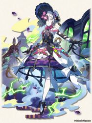 Rule 34 | 1boy, 1girl, animal ears, black dress, black gloves, brown hair, doll joints, dragalia lost, dress, full body, glasses, gloves, grey hair, hair over one eye, joints, laxi (dragalia lost), long hair, looking at viewer, multicolored clothes, multicolored dress, official art, purple eyes, rabbit ears, short hair, standing, sylas (dragalia lost), thighhighs, veil, white dress, white headwear, white thighhighs