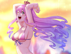 Rule 34 | 1girl, :d, armpits, bikini, breasts, crown, from side, green eyes, hands up, himemori luna, hololive, long hair, looking at viewer, looking to the side, medium breasts, mikan (chipstar182), mini crown, open mouth, pink bikini, pink hair, smile, solo, swimsuit, upper body, virtual youtuber