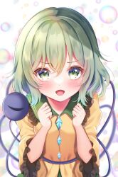 Rule 34 | 1girl, :d, blurry, blush, breasts, depth of field, from above, green eyes, green hair, hair between eyes, hands up, highres, komeiji koishi, looking at viewer, medium hair, no headwear, open mouth, shirotsuki shirone, shirt, simple background, sleeves past elbows, small breasts, smile, solo, third eye, touhou, white background, yellow shirt