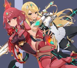 Rule 34 | bare legs, bare shoulders, black gloves, blonde hair, breasts, chest jewel, dress, earrings, elbow gloves, fingerless gloves, gloves, highres, inuisbink, jewelry, large breasts, long hair, mythra (massive melee) (xenoblade), mythra (xenoblade), nintendo, pantyhose, pantyhose under shorts, pyra (xenoblade), red eyes, red hair, red shorts, short dress, short hair, short shorts, shorts, super smash bros., swept bangs, sword, thigh strap, thighhighs, tiara, very long hair, weapon, white dress, white gloves, xenoblade chronicles (series), xenoblade chronicles 2, yellow eyes